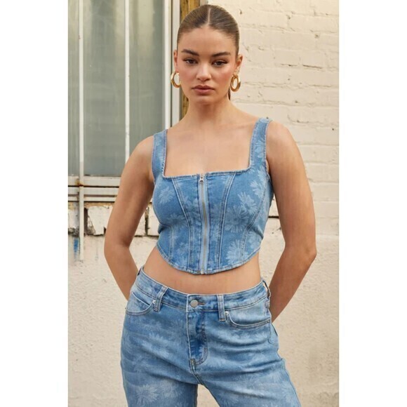 Floral Jacquard Pattern Light Blue Wash‎ Denim Corset Top Size XL RefM101 - Picture 1 of 13